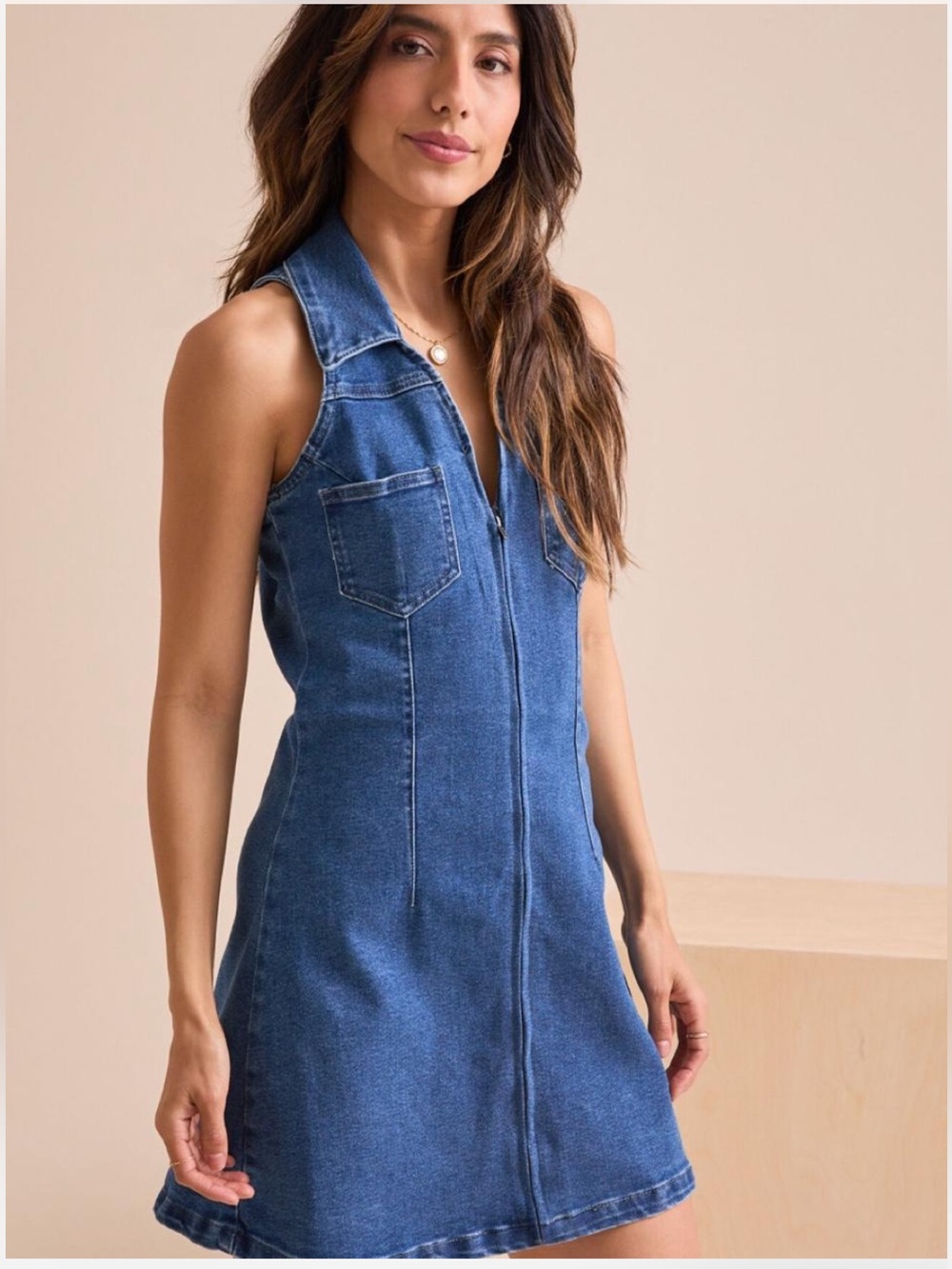 Altar’d State Denim Mini Dress Small Sleeveless Zip Front Stretch Jean Dress